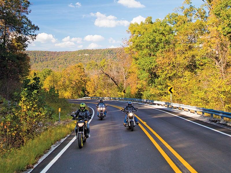 Motorcyclists ride on a scenic road, surrounded by autumn trees under a blue sky.