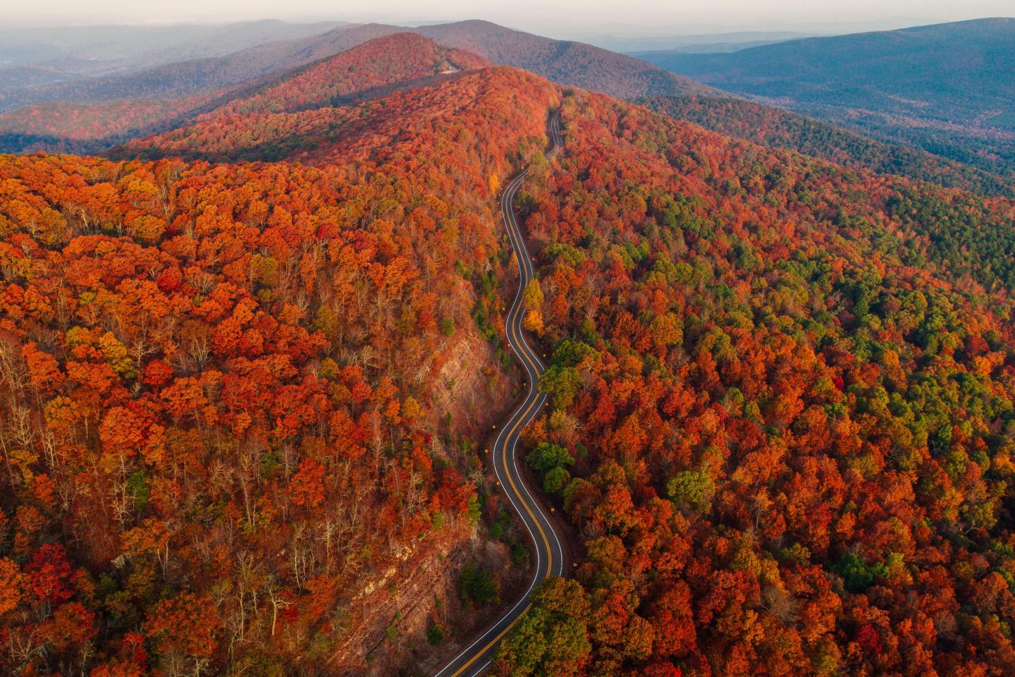 Winding road through mountains with vibrant fall foliage.