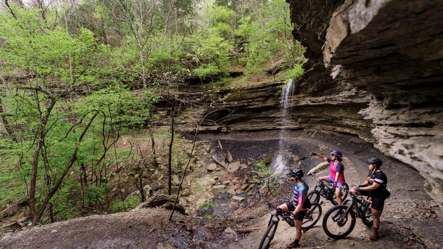 Cyclists pause beside a rocky waterfall in a lush, green forest.