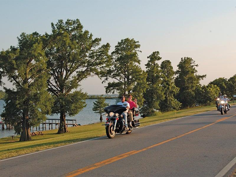 Motorcycles riding on a lakeside road with trees and distant pier.