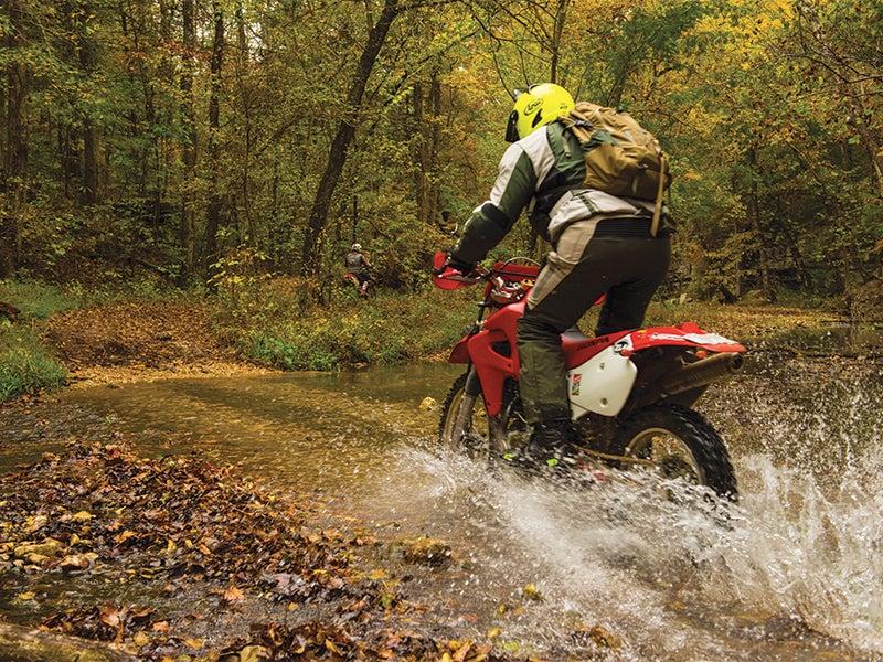 Motorcyclist crossing a shallow stream in a forest with autumn foliage.