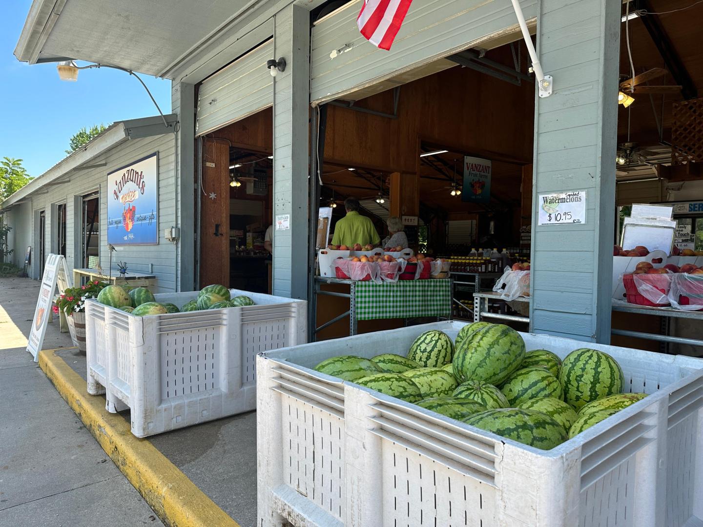 Farmers market with watermelons in white bins outside.