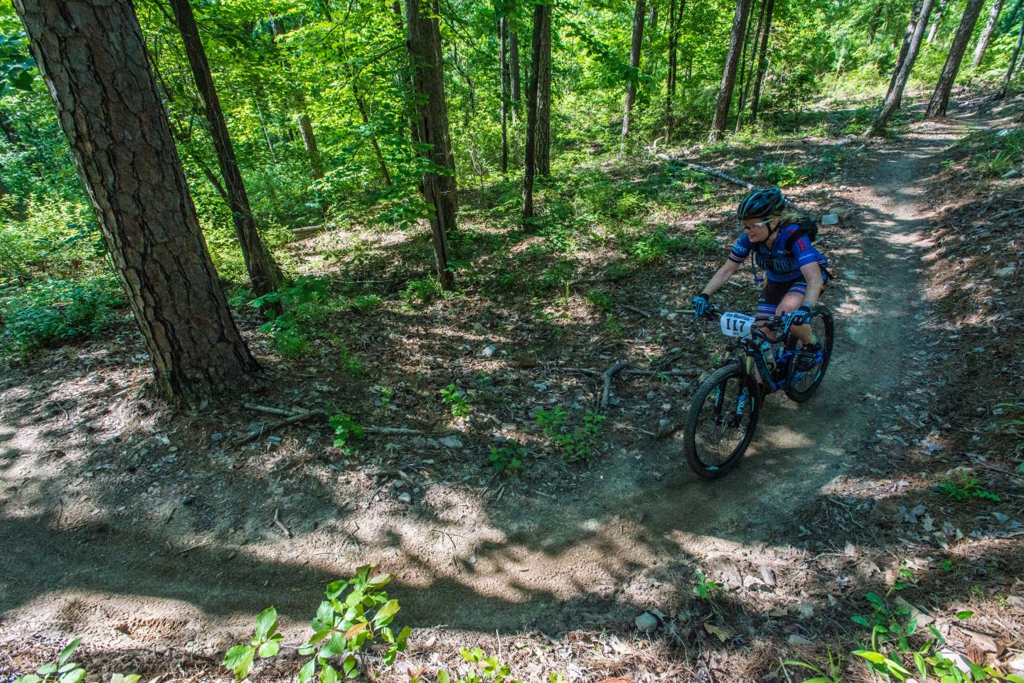 Cyclist on forest trail surrounded by green trees.