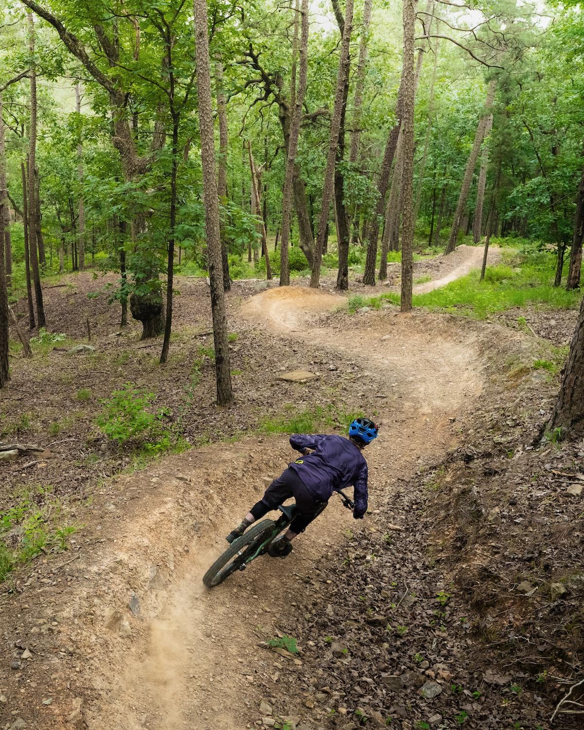 Cyclist on a winding dirt trail in a lush green forest.