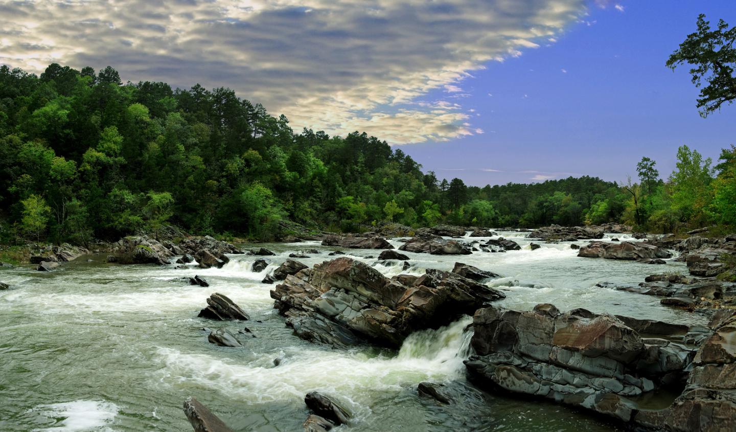 Flowing river with rocky banks, surrounded by lush green trees under a partly cloudy sky.