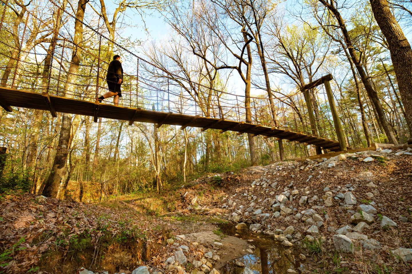 Person walking on a suspension bridge in a forest over a creek with fall leaves and trees surrounding.