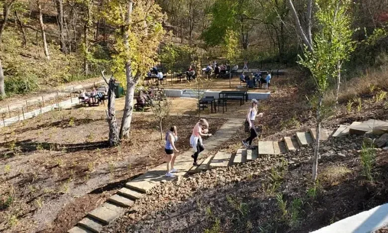 Outdoor amphitheater with people sitting, surrounded by trees and stone steps.