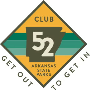 Club 52 Arkansas State Parks logo, yellow and green diamond design.