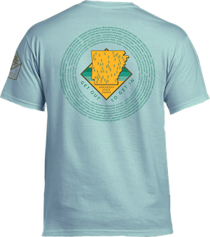 Light blue t-shirt with abstract design on the back.