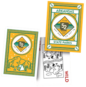 Yellow playing cards featuring Arkansas state parks.