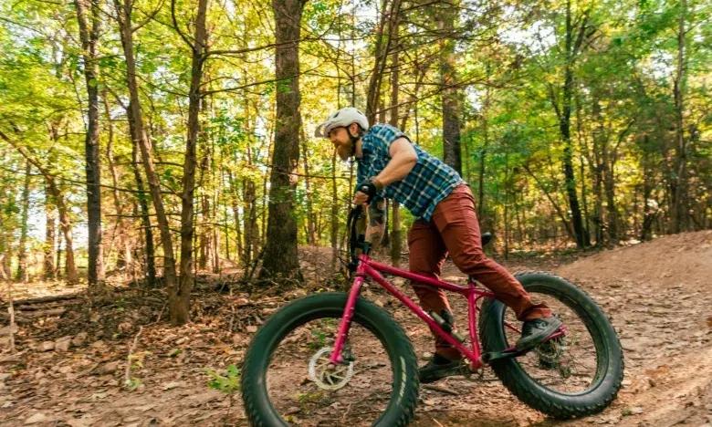 Man riding a pink fat-tire bike on a forest trail.