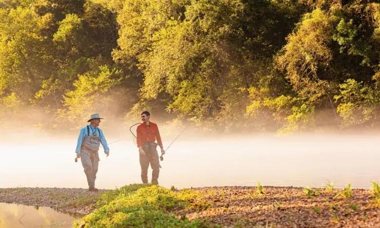 Two people fishing by a misty riverbank, surrounded by lush trees.