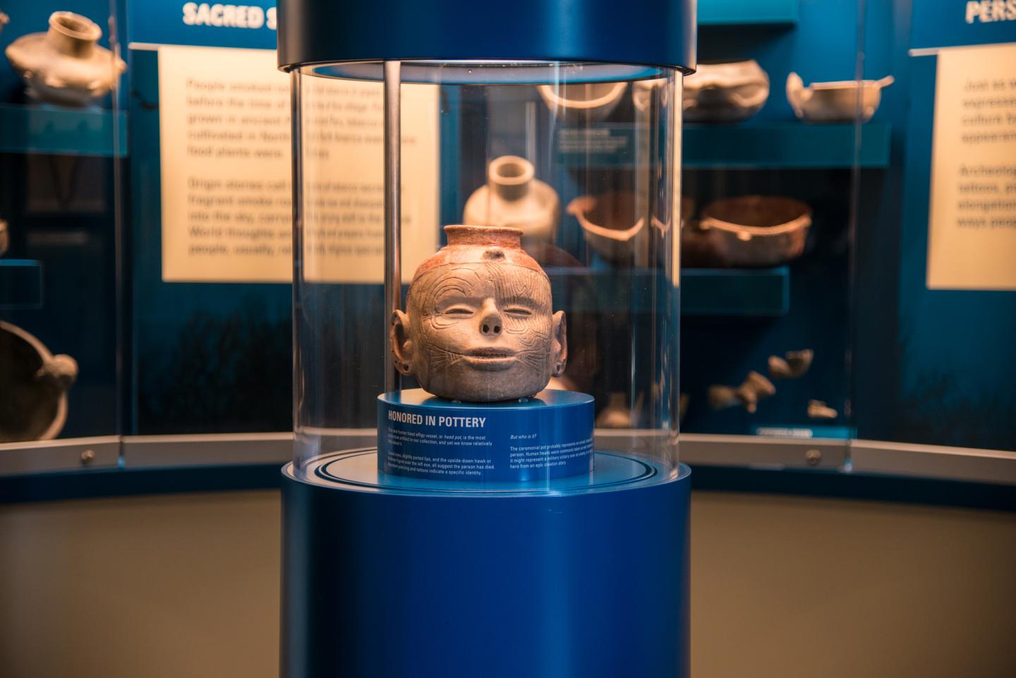 Bust of a face in a glass display case at a museum exhibit.