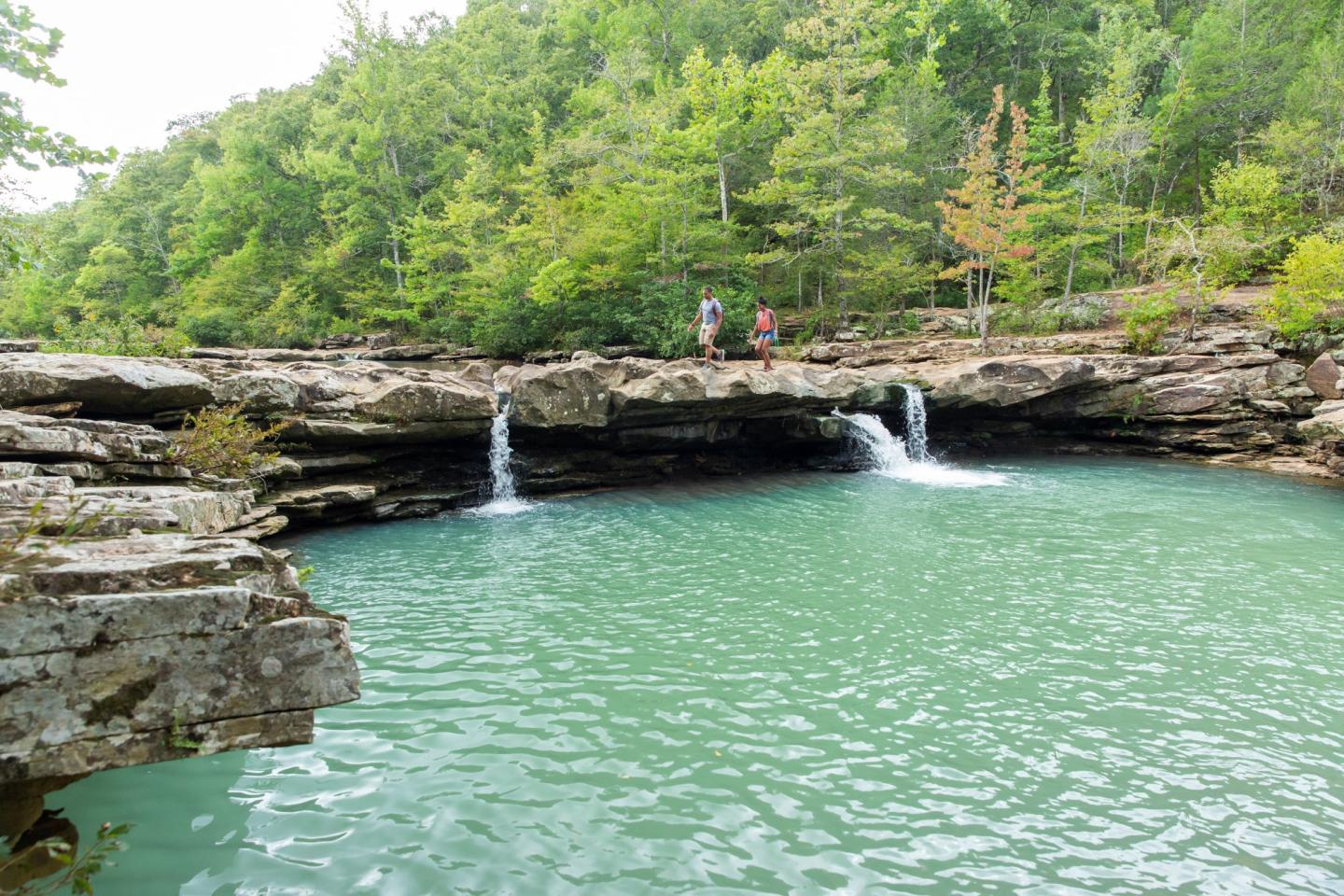Small waterfall flows into a green pool, surrounded by lush trees and rocks.