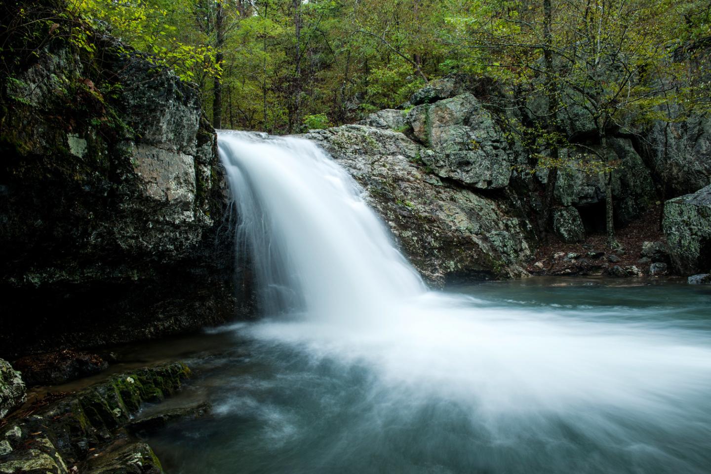 Waterfall flowing into a forest pool, surrounded by rocks and trees.