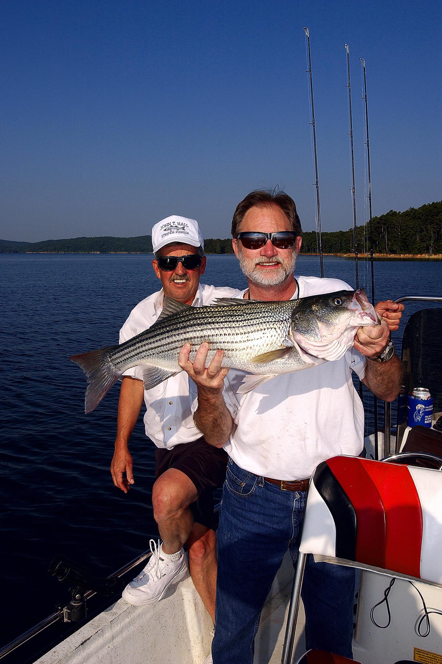 Two men on a boat, one holding a large striped bass, smiling on a sunny day.