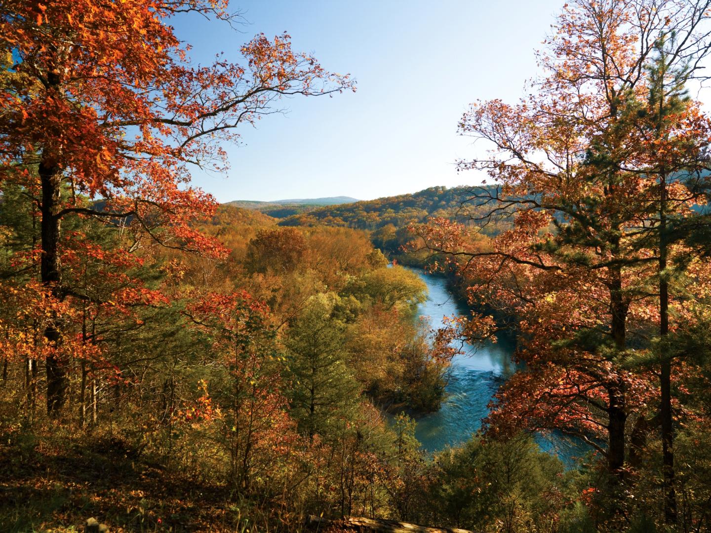 Autumn landscape with a winding river and colorful trees.