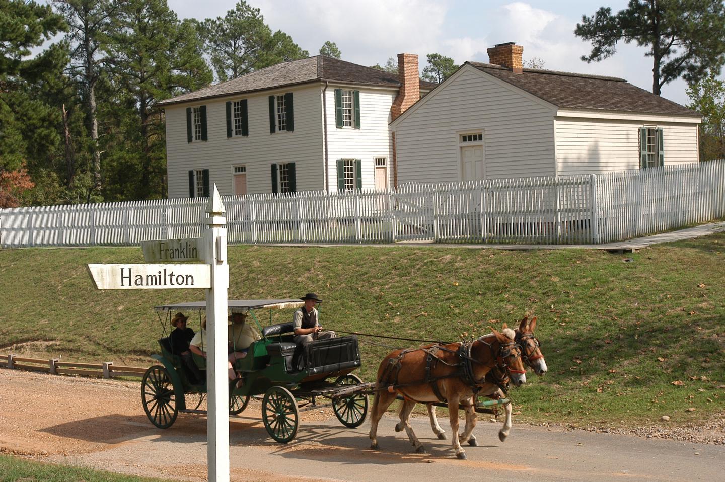 Horse-drawn carriage passing a historic white house with green shutters.