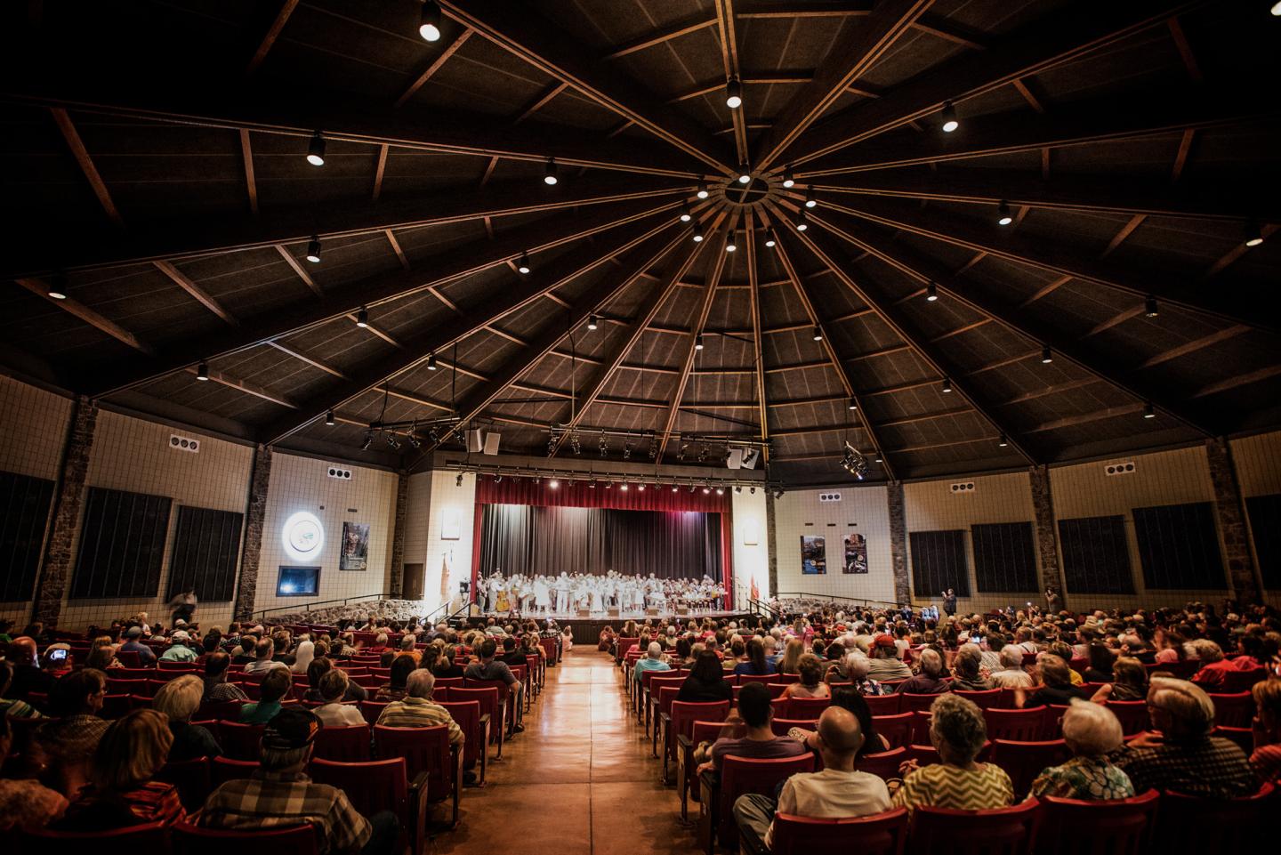 Wide audience in a theater watching a performance on stage under a vaulted ceiling.