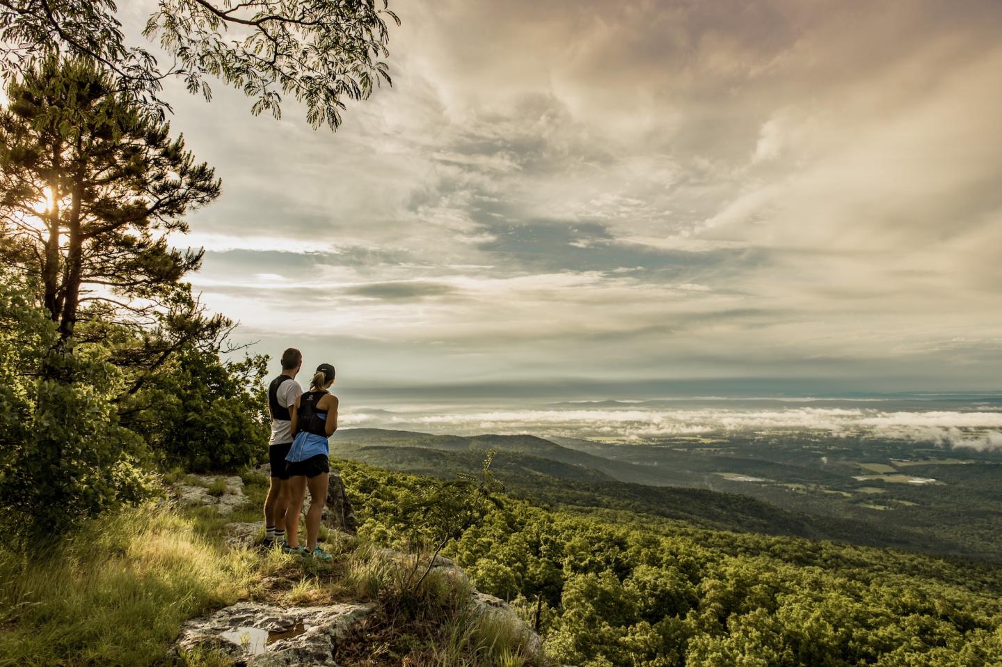 Two people standing on a hill, overlooking a vast, green landscape at sunset.