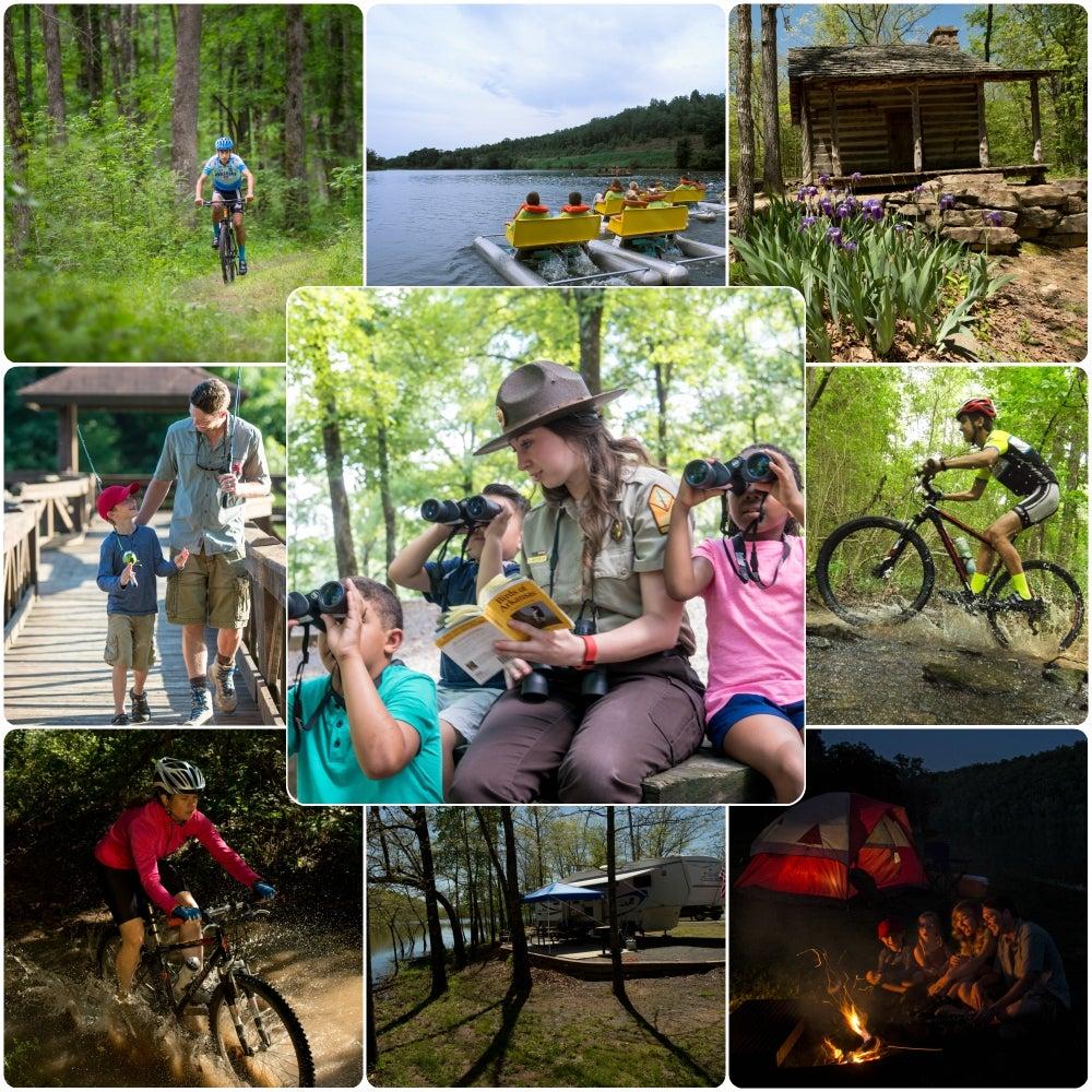 Outdoor activities: biking, canoeing, hiking with children, camping by a fire, and ranger-led birdwatching.