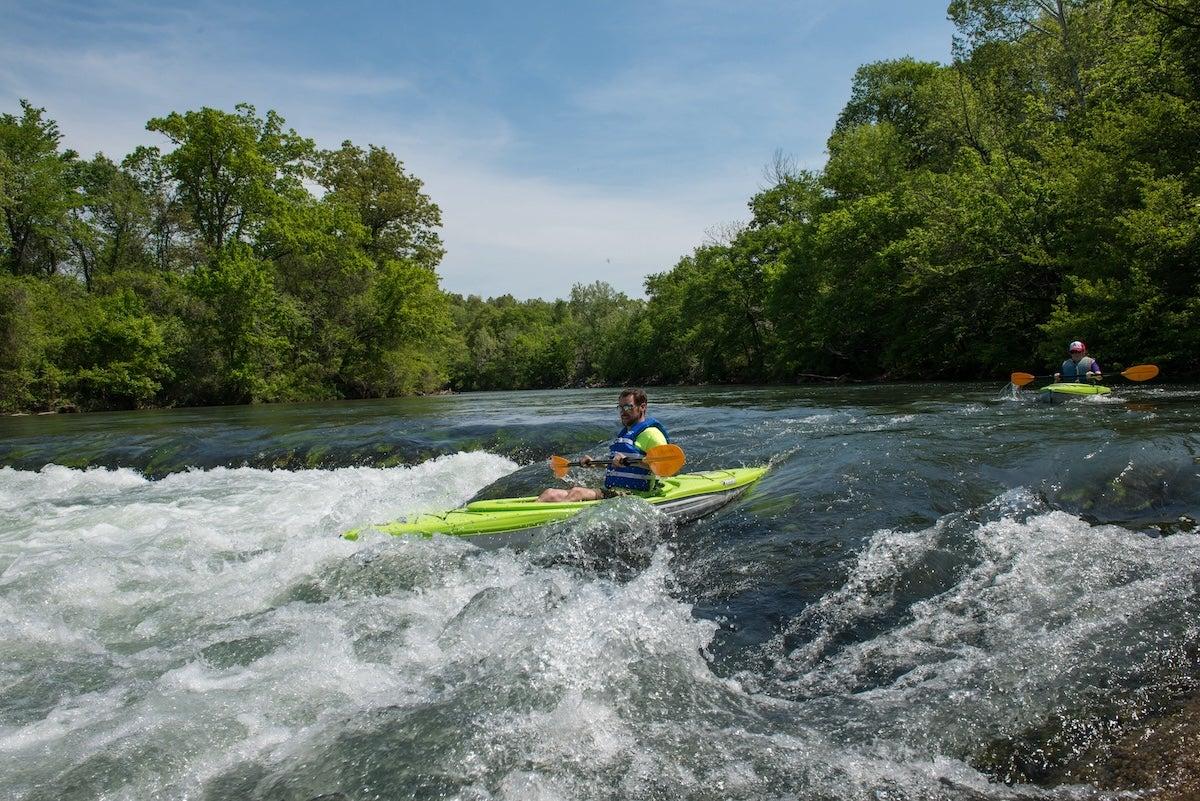 Kayaker navigating rapids on a river surrounded by lush greenery.