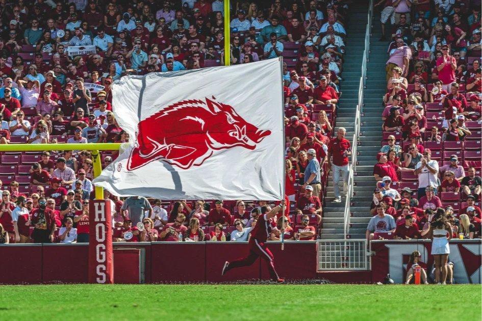 Crowd cheering as a person runs with a large Arkansas Razorbacks flag on a football field.