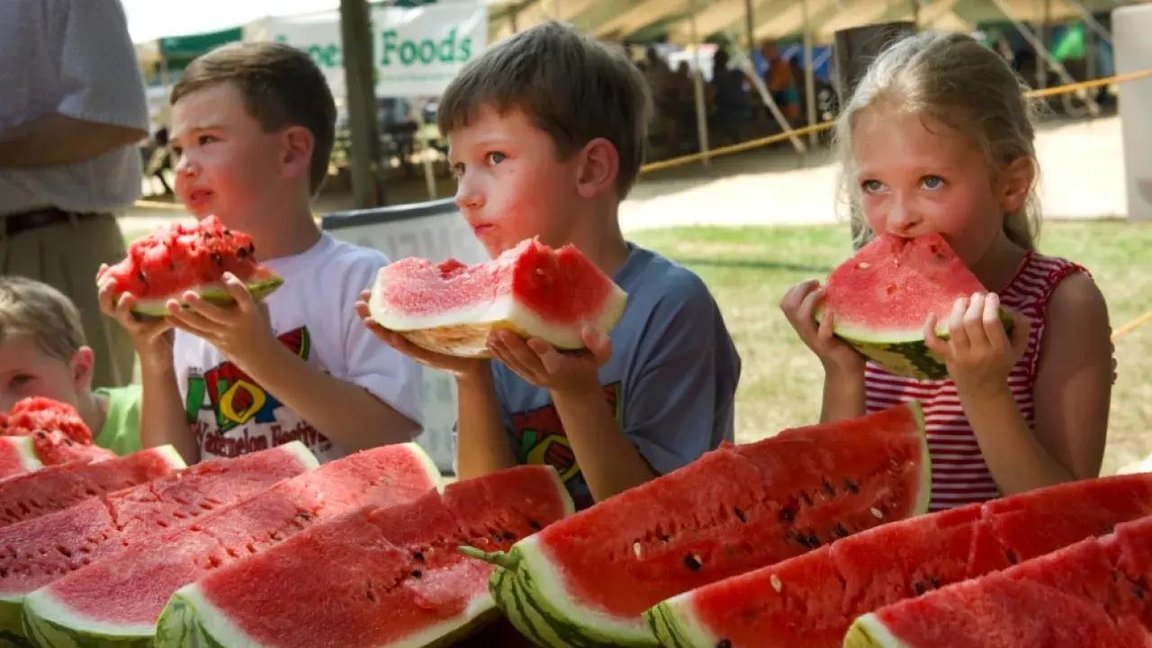 Children sitting outdoors, eating large slices of watermelon.